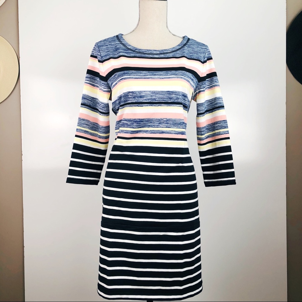 T BY TALBOT STRIPE 3/4 SLEEVE SHIFT DRESS MEDIUM